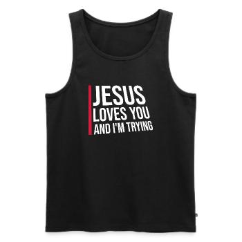 Jésus t’aime et j’essaie l’ironie blague en disant - Débardeur bio Premium Homme - noir - Devant - AI Model Male 178 light (178cm)