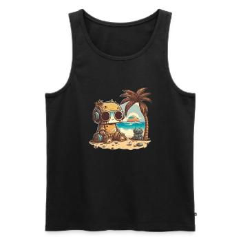 Un petit robot en t-shirt se détend sur la plage - Débardeur bio Premium Homme - noir - Devant - Michal (187cm)