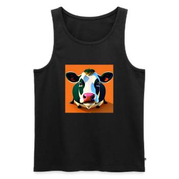 Vache noire et blanche sur fond orange - Débardeur bio Premium Homme - noir - Devant - AI Model Male 178 light (178cm)