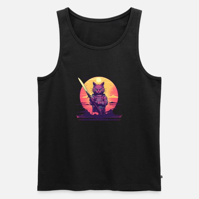 Synthwave samurai Cat sunset - Männer Premium Bio Tank Top - Schwarz