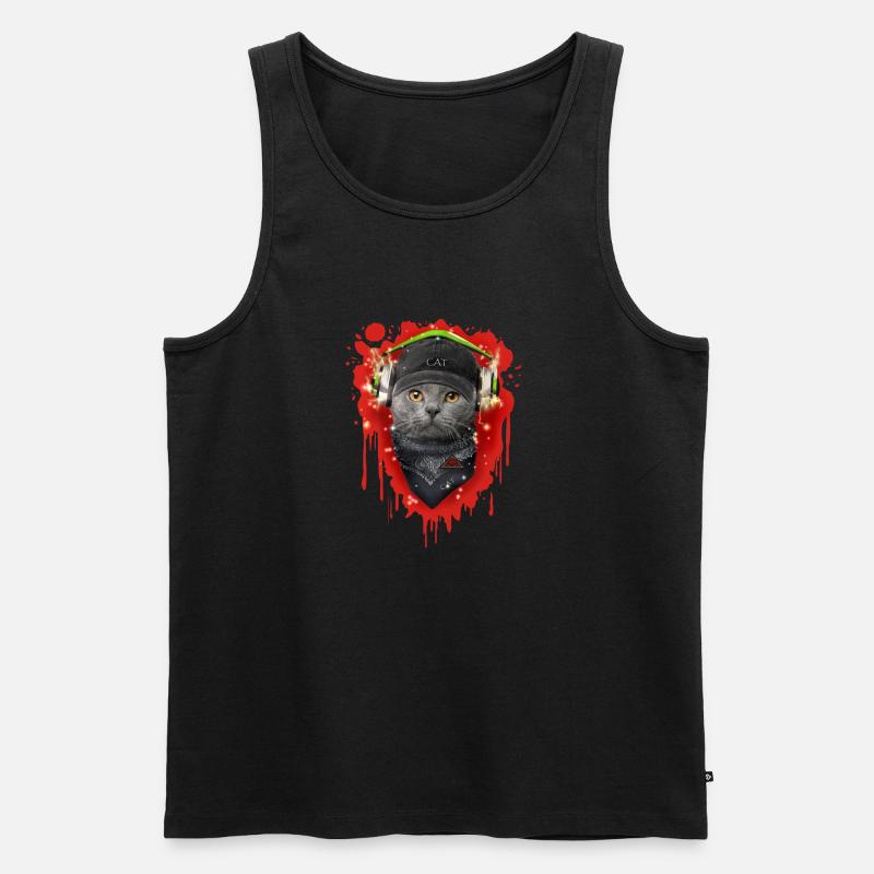 Katze trägt Kopfhörer - Männer Premium Bio Tank Top - Schwarz