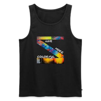 LIVE MORE COLORFUL - Schrift Weiss - LMCW - Männer Premium Bio Tank Top - Schwarz - Vorne - AI Model Male 178 light (178cm)