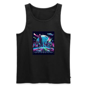 Synthwave City with UFOs - Men's Premium Organic Tank Top - black - Front - Michal (187cm)