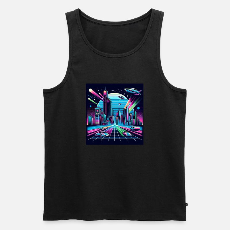 Synthwave Stadt mit UFOs - Männer Premium Bio Tank Top - Schwarz