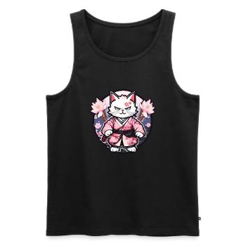 Chat samouraï & fleurs de cerisier #10 - Débardeur bio Premium Homme - noir - Devant - AI Model Male 178 light (178cm)