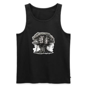 Cabane dans les arbres / Cime des arbres / Cabane dans les arbres / Aventure - Débardeur bio Premium Homme - noir - Devant - AI Model Male 178 light (178cm)