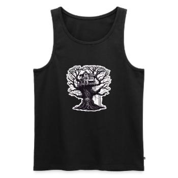 Cabane dans les arbres / Cime des arbres / Cabane dans les arbres / Aventure - Débardeur bio Premium Homme - noir - Devant - AI Model Male 178 light (178cm)