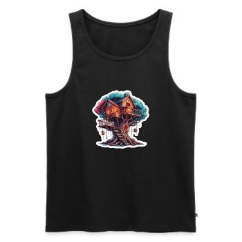 Cabane dans les arbres / Cime des arbres / Cabane dans les arbres / Aventure - Débardeur bio Premium Homme - noir - Devant - AI Model Male 178 light (178cm)