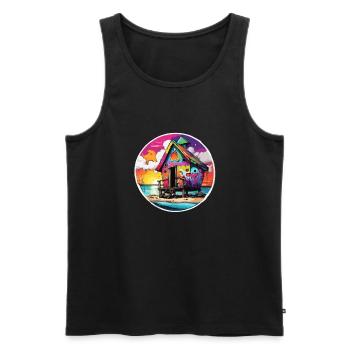 Lakeside House / Cabin / Lake / Mountains / Nature /Forest - Men's Premium Organic Tank Top - black - Front - AI Model Male 178 light (178cm)