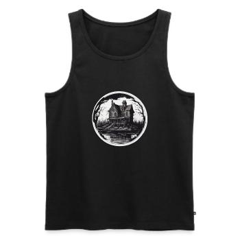 Lakeside House / Cabin / Lake / Mountains / Nature /Forest - Men's Premium Organic Tank Top - black - Front - AI Model Male 178 light (178cm)