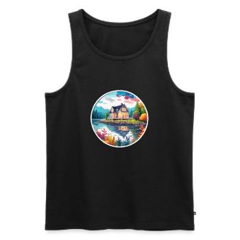 Lakeside House / Cabin / Lake / Mountains / Nature /Forest - Men's Premium Organic Tank Top - black - Front - AI Model Male 178 light (178cm)