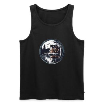 Lakeside House / Cabin / Lake / Mountains / Nature /Forest - Men's Premium Organic Tank Top - black - Front - AI Model Male 178 light (178cm)