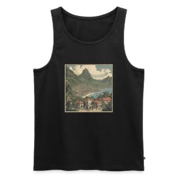 Tropical seaside village - Men's Premium Organic Tank Top - black - Front - AI Model Male 178 light (178cm)