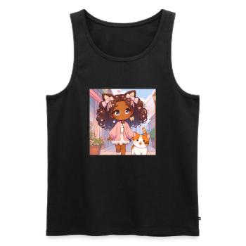 Japanese anime girl walks with her cat - Men's Premium Organic Tank Top - black - Front - AI Model Male 178 light (178cm)