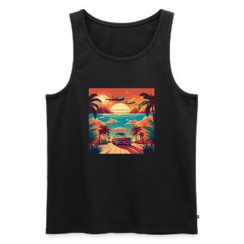 Vintage Beach Sunset with Red Car and Planes - Men's Premium Organic Tank Top - black - Front - AI Model Male 178 light (178cm)