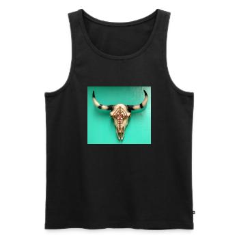 Crâne de taureau avec des ornements sur un mur vert - Débardeur bio Premium Homme - noir - Devant - AI Model Male 178 light (178cm)