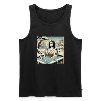 Mona Lisa buvant du saké dans un onsen - Débardeur bio Premium Homme - noir - Devant - AI Model Male 178 light (178cm)