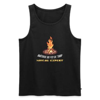 Feu de camp niveau expert - camping humour drôle - Débardeur bio Premium Homme - noir - Devant - AI Model Male 178 light (178cm)