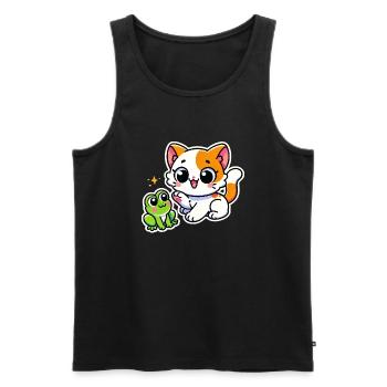 Mignon chat blanc roux a rencontré une grenouille - Débardeur bio Premium Homme - noir - Devant - Michal (187cm)