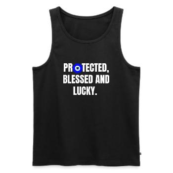 Protected and lucky - Men's Premium Organic Tank Top - black - Front - AI Model Male 178 light (178cm)