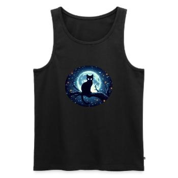 Chat assis sur une branche à la pleine lune - Débardeur bio Premium Homme - noir - Devant - AI Model Male 178 light (178cm)