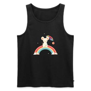 Fröhliche Maus mit Schirm auf Regenbogen - Männer Premium Bio Tank Top - Schwarz - Vorne - AI Model Male 178 light (178cm)