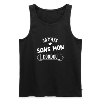 Jamais sans mon doudou cadeau humour bébé - Débardeur bio Premium Homme - noir - Devant - AI Model Male 178 light (178cm)