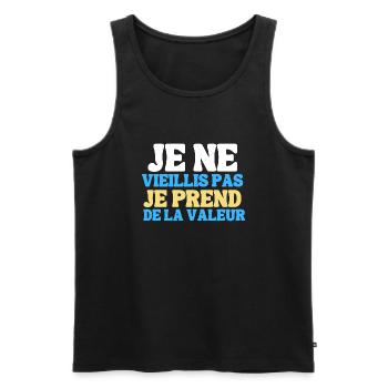 Je ne vieillis pas je prend de la valeur humour - Débardeur bio Premium Homme - noir - Devant - AI Model Male 178 light (178cm)