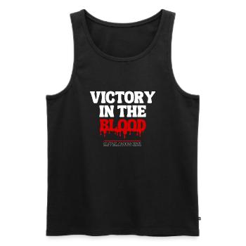 Victory in the Blood – Revelation 12:11 - Men's Premium Organic Tank Top - black - Front - AI Model Male 178 light (178cm)