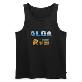 Lettrage de l’Algarve avec remplissage de paysage océanique - Débardeur bio Premium Homme - noir - Devant - AI Model Male 178 light (178cm)