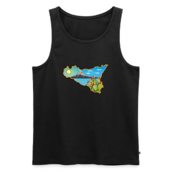 Etna panorama on the map of Sicily - Men's Premium Organic Tank Top - black - Front - AI Model Male 178 light (178cm)