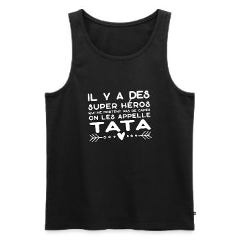 "tata super héros" t-shirt humour tante - Débardeur bio Premium Homme - noir - Devant - Michal (187cm)