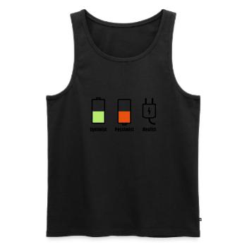Akku-Philosophie: Optimist Pessimist Realist - Männer Premium Bio Tank Top - Schwarz - Vorne - AI Model Male 178 light (178cm)