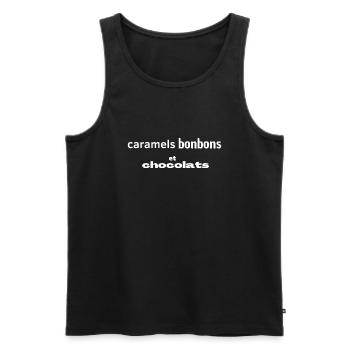 "caramels, bonbons et chocolats" TEE SHIRT - Débardeur bio Premium Homme - noir - Devant - Michal (187cm)