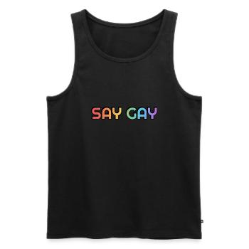 SAY GAY LGBTQ rainbow pride - Men's Premium Organic Tank Top - black - Front - AI Model Male 178 light (178cm)