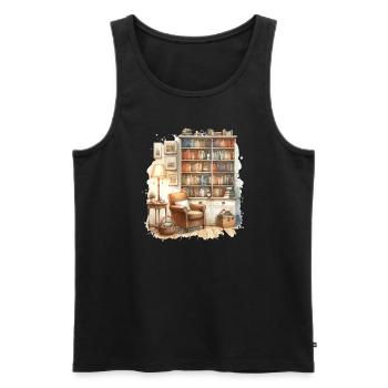 Bibliothèque maison confortable à l’aquarelle - Débardeur bio Premium Homme - noir - Devant - Michal (187cm)