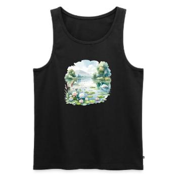 Tranquil seascape with swans and water lilies - Men's Premium Organic Tank Top - black - Front - AI Model Male 178 light (178cm)