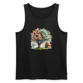 Cabane dans les arbres confortable entourée de pommiers en fleurs - Débardeur bio Premium Homme - noir - Devant - Michal (187cm)