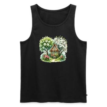 Ruhiges Holzhaus umgeben von Obstbäumen - Männer Premium Bio Tank Top - Schwarz - Vorne - AI Model Male 178 light (178cm)