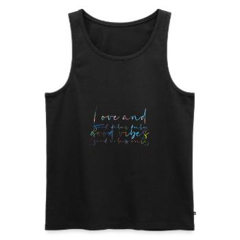 amour et bonnes vibrations, bonnes vibrations, colorées, police - Débardeur bio Premium Homme - noir - Devant - AI Model Male 178 light (178cm)