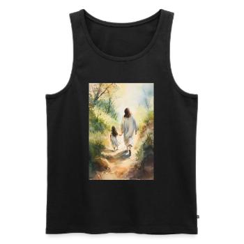 Jésus marchant avec une fille, Peinture à l’aquarelle, - Débardeur bio Premium Homme - noir - Devant - Michal (187cm)