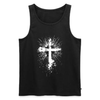 White cross with paint splatter - Men's Premium Organic Tank Top - black - Front - AI Model Male 178 light (178cm)