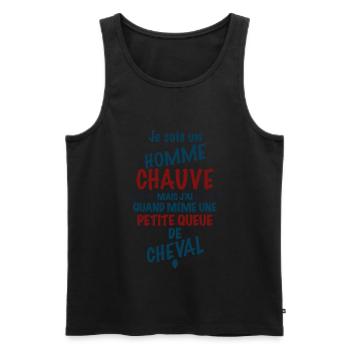 Le Chauve heureux de sa petite queue de cheval - Débardeur bio Premium Homme - noir - Devant - AI Model Male 178 light (178cm)