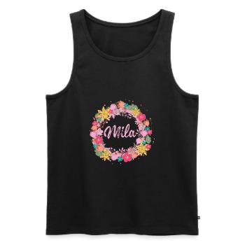mila,fleurs,couronne de fleurs,floral,illustration - Débardeur bio Premium Homme - noir - Devant - AI Model Male 178 light (178cm)