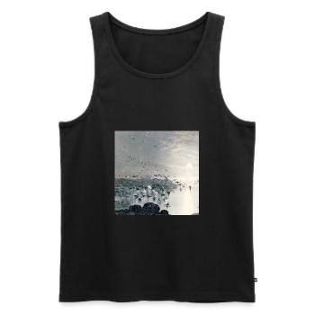 Canards, canards colverts et cygnes sur le lac au coucher du soleil - Débardeur bio Premium Homme - noir - Devant - Michal (187cm)