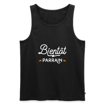 Bientot parrain cadeau demande parrain humour - Débardeur bio Premium Homme - noir - Devant - AI Model Male 178 light (178cm)