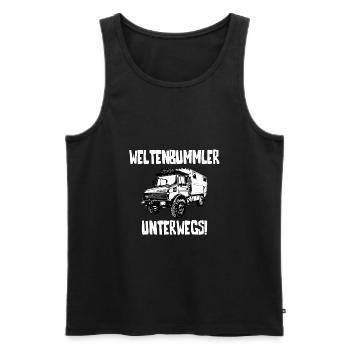 Weltenbummler - Unimog - Camping - Adventure - Männer Premium Bio Tank Top - Schwarz - Vorne - AI Model Male 178 light (178cm)