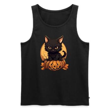 Halloween-Schwarze Katze mit Kürbis bei Sunset - Männer Premium Bio Tank Top - Schwarz - Vorne - Michal (187cm)