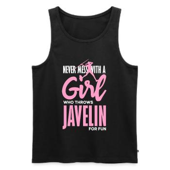 Javelin thrower with fun statement - Men's Premium Organic Tank Top - black - Front - Michal (187cm)