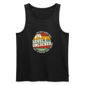 Original 2023 1st Anniversary Retro Gift - Men's Premium Organic Tank Top - black - Front - Michal (187cm)